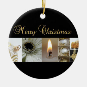 Christmas Collage Black, White and Gold Ceramic Tree Decoration