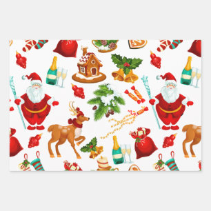 Christmas Collage with Santa, Decorations, Gifts Wrapping Paper Sheet