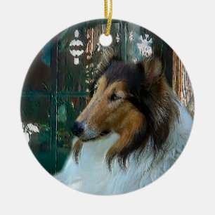 Christmas Collie at Window Ceramic Tree Decoration