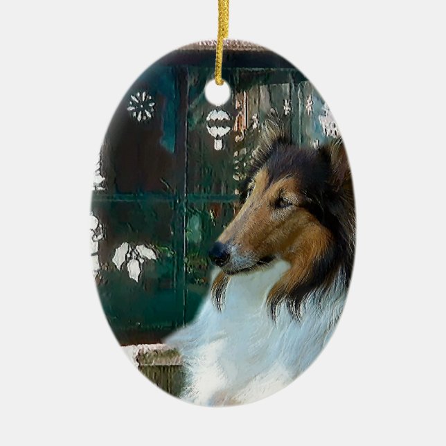 Christmas Collie at Window Ceramic Tree Decoration (Front)