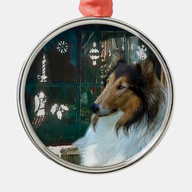 Christmas Collie at Window Metal Tree Decoration (Front)