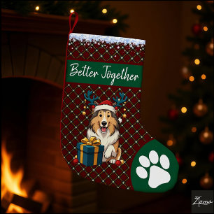 Christmas Collie Dog Reindeer Gift Graphic Large Christmas Stocking