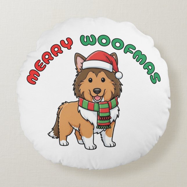 Christmas Collie Round Pillow: Merry Woofmas Round Cushion (Front)