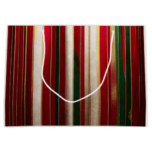 Christmas Colour Stripes Red Green White Gold Large Gift Bag