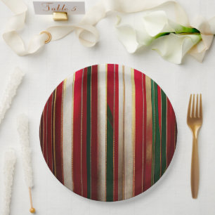 Christmas Colour Stripes Red Green White Gold Paper Plate