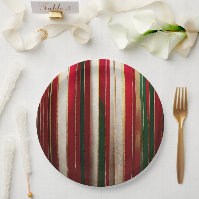 Christmas Colour Stripes Red Green White Gold Paper Plate (Wedding)