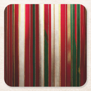 Christmas Colour Stripes Red Green White Gold Square Paper Coaster