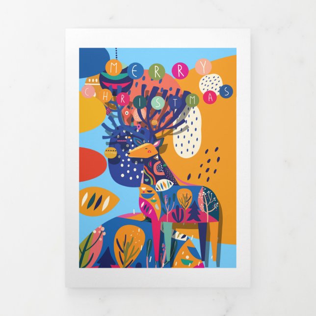 Christmas Colourful Abstract Reindeer Personalised Tri-Fold Holiday Card (Cover)