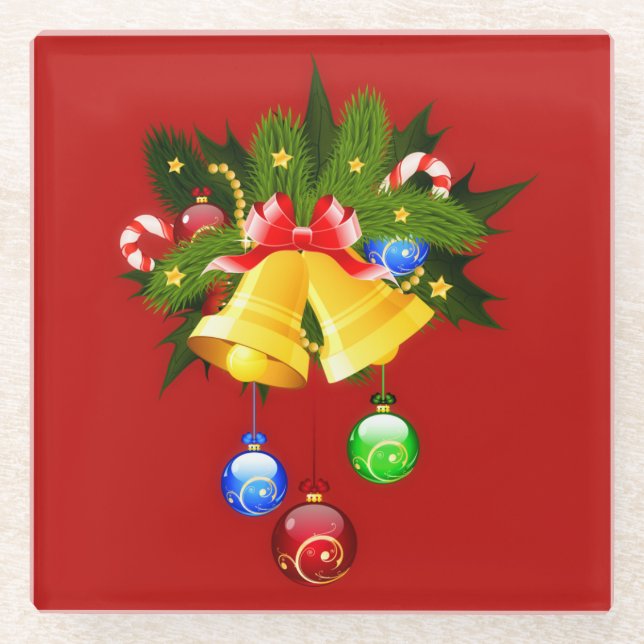 Christmas Colourful Bells Modern Red Coaster (Front)
