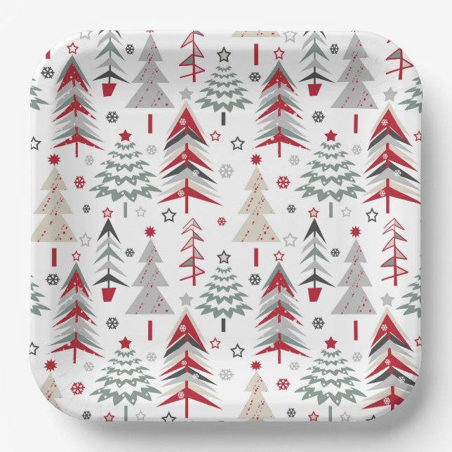 Christmas ,colourful ,Christmas tree ,red ,green Paper Plate (Front)