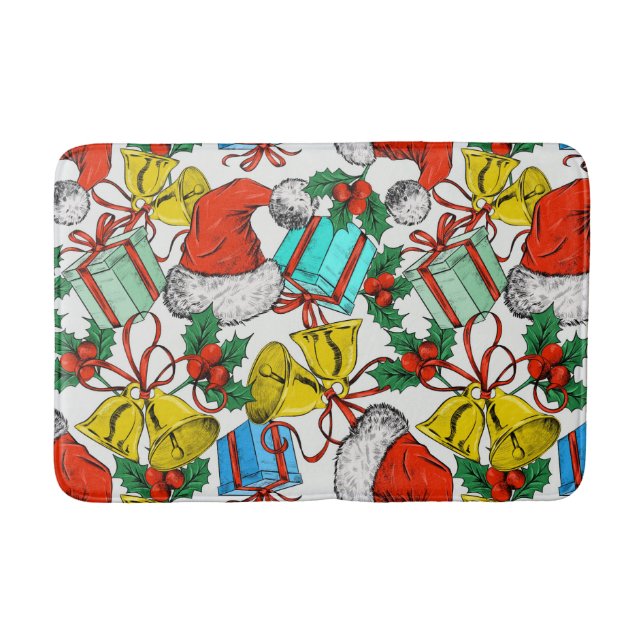 Christmas Colourful Gifts Red Santa Hats Holidays Bath Mat (Front)