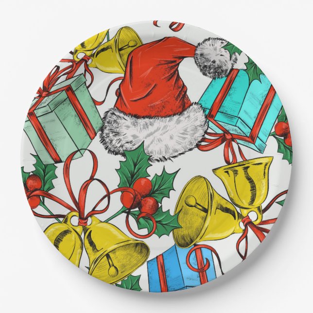 Christmas Colourful Gifts Red Santa Hats Holidays Paper Plate (Front)