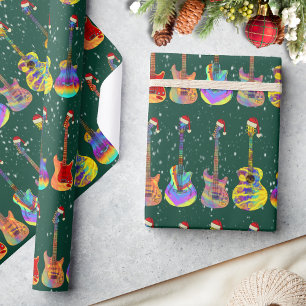 Christmas Colourful Guitar Pattern Green Wrapping Paper