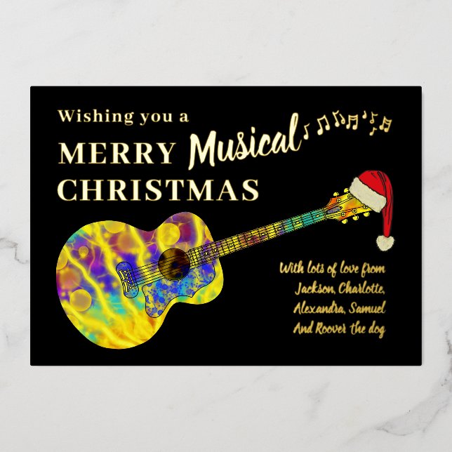 Christmas Colourful Guitar Personalised Gold (Front)