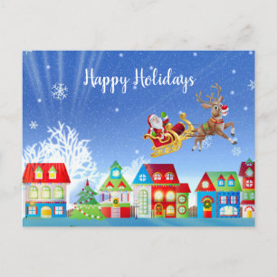 Christmas Colourful Houses Golden Santa Sleigh Postcard