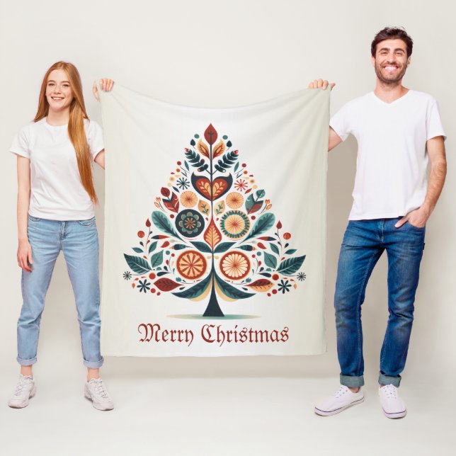 Christmas Colourful Tree Scandinavia Folk Art Fleece Blanket (In Situ)