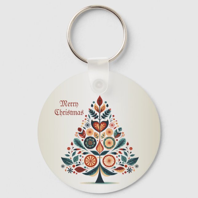 Christmas Colourful Tree Scandinavia Folk Art Key Ring (Front)