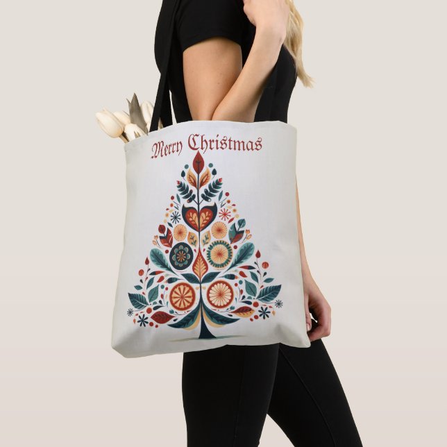 Christmas Colourful Tree Scandinavia Folk Art Tote Bag (Close Up)