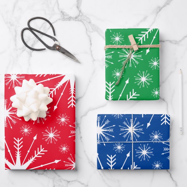 Christmas Colours and Snowflakes Wrapping Paper Sheet (Front)