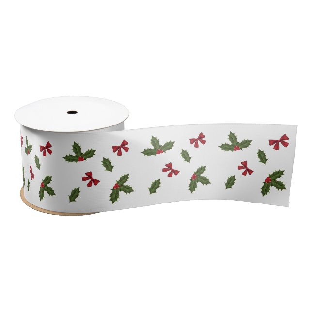 Christmas Common Holly Plant And Red Bows Pattern Satin Ribbon (Spool)
