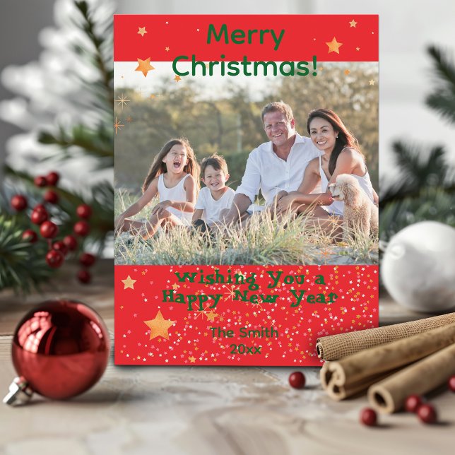 Christmas confetti gold green photo red postcard (Creator Uploaded)