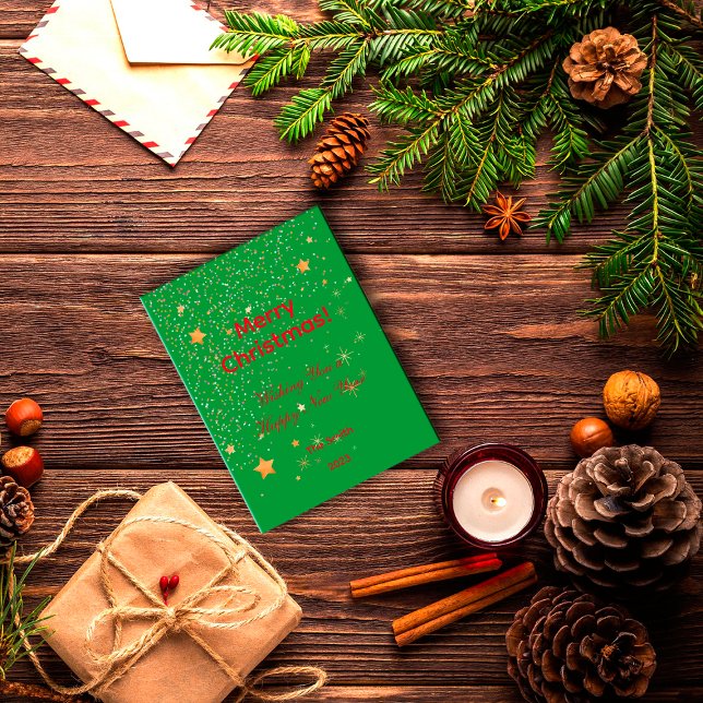 Christmas confetti gold stars green red postcard (Creator Uploaded)