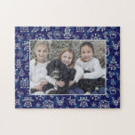 Christmas Constellation Pattern | Family Photo Jigsaw Puzzle<br><div class="desc">This pretty family photo puzzle includes your horizontal picture with a Christmas-themed constellation pattern surrounding it. The blue-and-white geometric pattern includes Santa Claus,  bells,  snowmen,  gift boxes,  trees,  and more. Use the template to add your photo.</div>