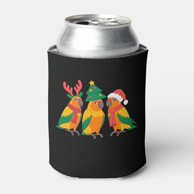 Christmas Conure Parrots Santa Hat Scarf Tree Xmas Can Cooler (Can Front)