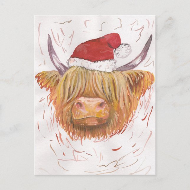 christmas coo Highland Cow with Christmas Hat Holiday Postcard (Front)