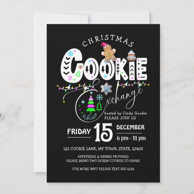 Christmas Cookie Exchange Black Colourful Holiday  Invitation (Front)