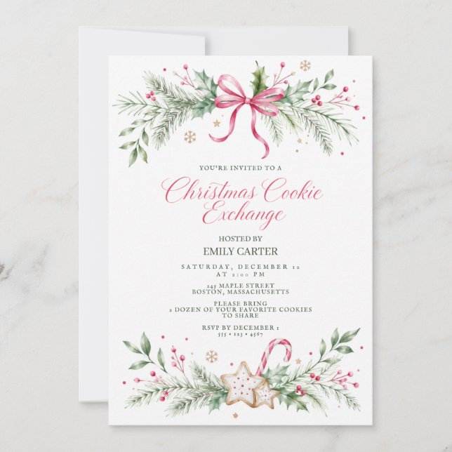 Christmas Cookie Exchange Pink Bow Holiday Invitation (Front)
