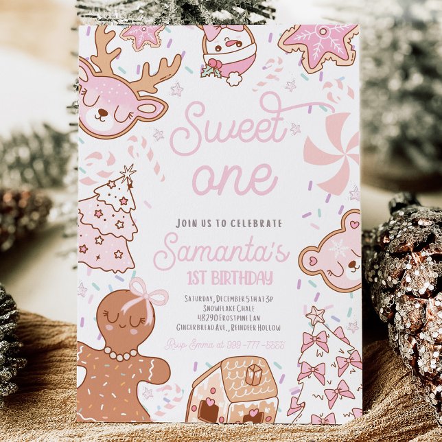 Christmas Cookie First Birthday Invitation (Christmas cookie first birthday invitation with gingerbread, holiday treats, and festive red and gre)