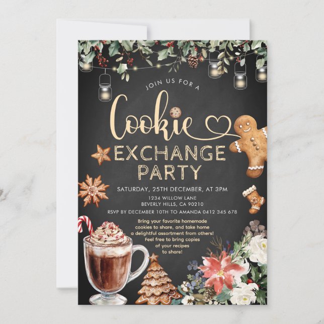Christmas Cookie Hot Cocoa Exchange Party Floral Invitation (Front)