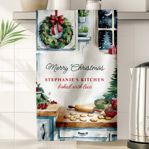 Christmas Cookie Kitchen Scene Personalised Tea Towel