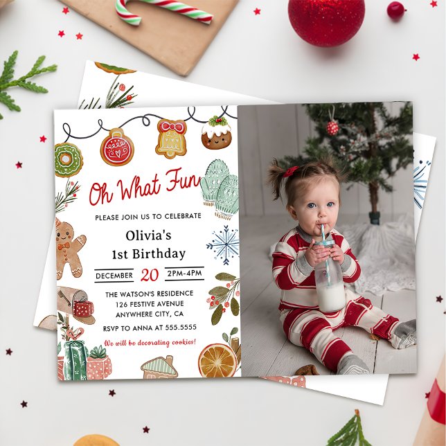  Christmas Cookie Oh What Fun 1st Birthday Photo Invitation (Creator Uploaded)