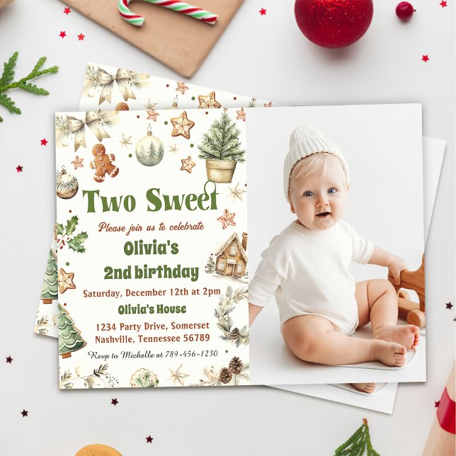 Christmas Cookie Two Sweet 2nd Birthday Photo Invitation (Creator Uploaded)