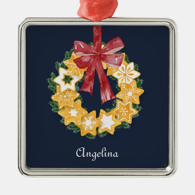 Christmas Cookie Wreath with Blue Grey Background Metal Tree Decoration (Front)