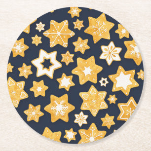 Christmas Cookie Wreath with Blue Grey Background Round Paper Coaster