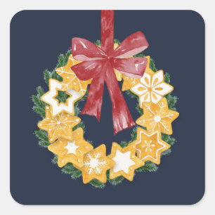 Christmas Cookie Wreath with Blue Grey Background Square Sticker