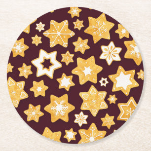 Christmas Cookie Wreath with Burgundy Background Round Paper Coaster