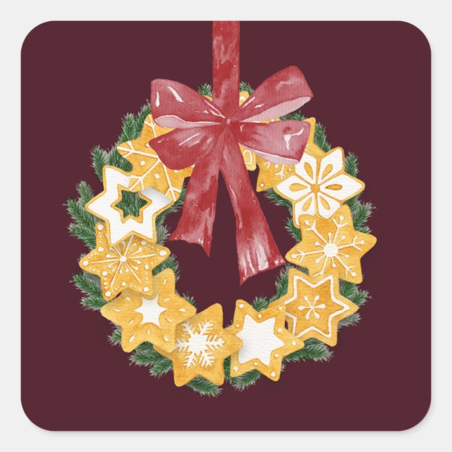 Christmas Cookie Wreath with Burgundy Background Square Sticker (Front)
