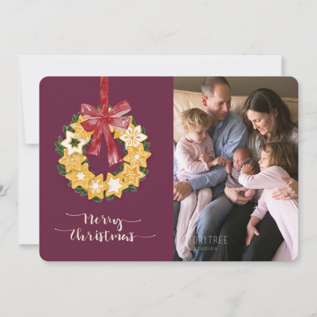 Christmas Cookie Wreath with Deep Plum Background Holiday Card (Front)