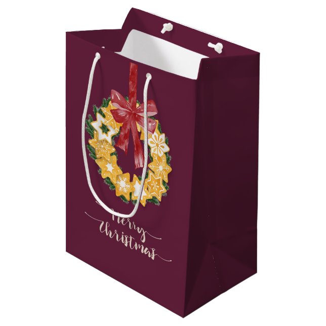 Christmas Cookie Wreath with Deep Plum Background Medium Gift Bag (Front Angled)