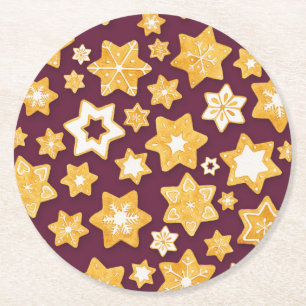 Christmas Cookie Wreath with Deep Plum Background Round Paper Coaster