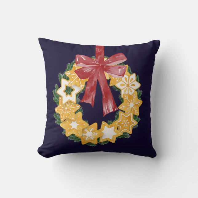 Christmas Cookie Wreath with Navy Blue Background Cushion (Front)