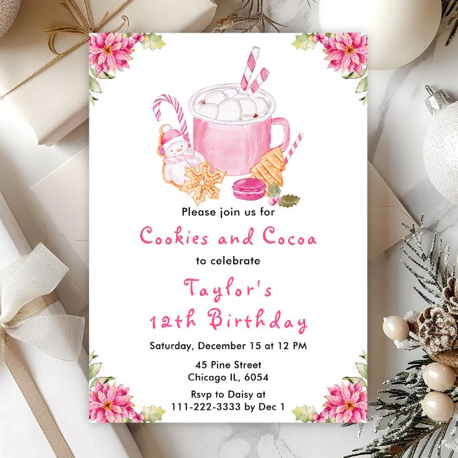 Christmas Cookies and Cocoa Birthday Party Pink Invitation (Creator Uploaded)