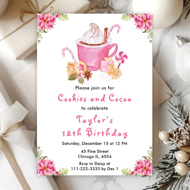 Christmas Cookies and Cocoa Birthday Party Pink Invitation (Creator Uploaded)