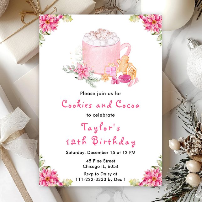 Christmas Cookies and Cocoa Birthday Party Pink Invitation (Creator Uploaded)
