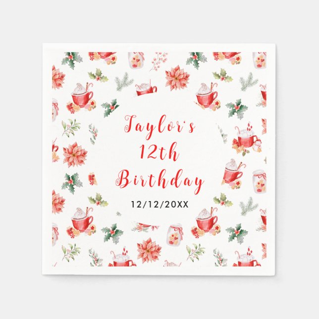Christmas Cookies and Cocoa Birthday Party Red Napkin (Front)
