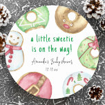 Christmas cookies and doughnuts baby shower classic round sticker<br><div class="desc">Winter Baby Shower. Christmas cookies with sprinkles,  doughnuts with sprinkles. Santa baby shower them.
A little sweetie is on the way!</div>